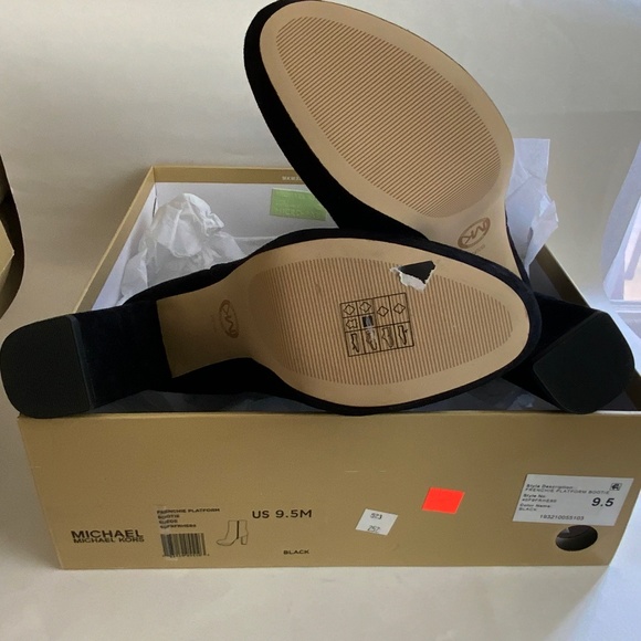 Michael Kors Frenchie Black Suede Stiletto Block Heel Platform Logo Ankle Bootie - Picture 9 of 9